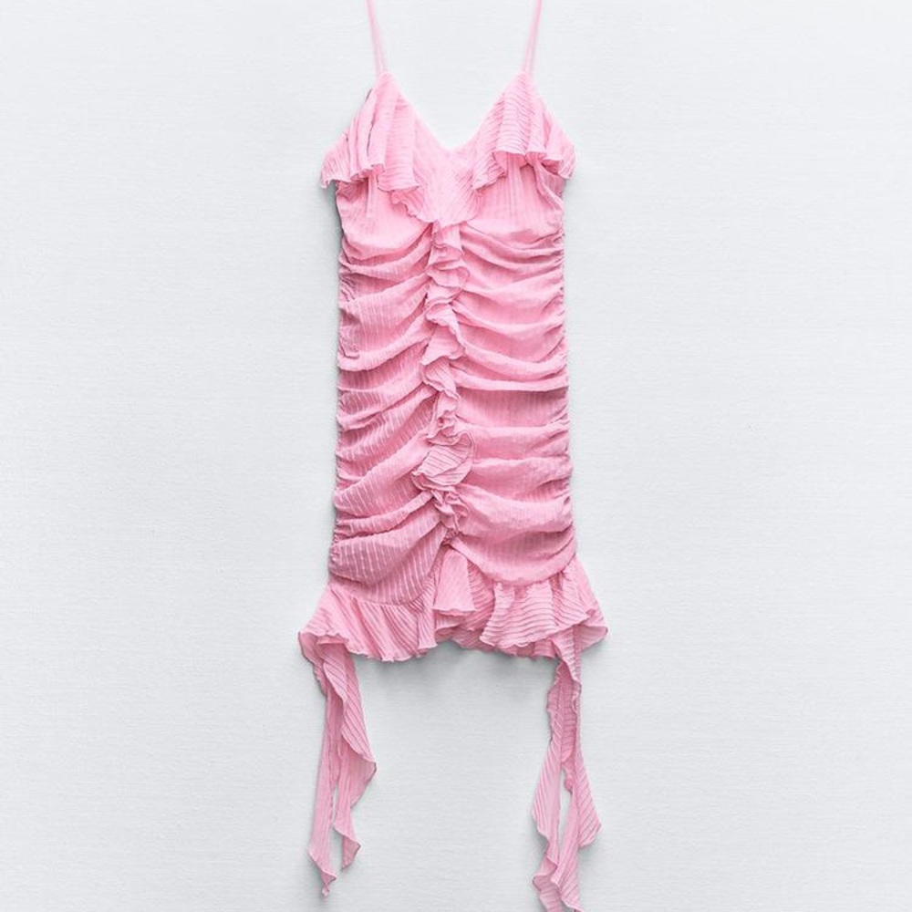 Zara Pink Ruffle Ruched Spaghetti-Strap Mini Dress - Picture 11 of 15